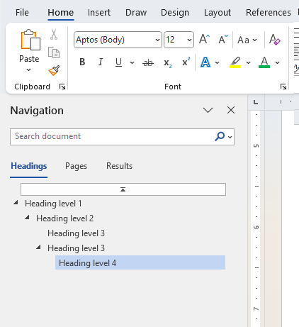 Navigation pane with heading levels 1-4